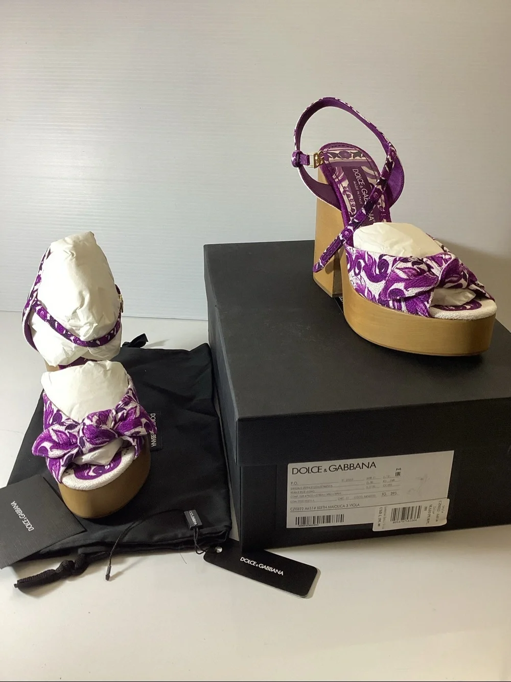 Dolce & Gabbana Purple Floral Platform Sandal with Wood Block Heel